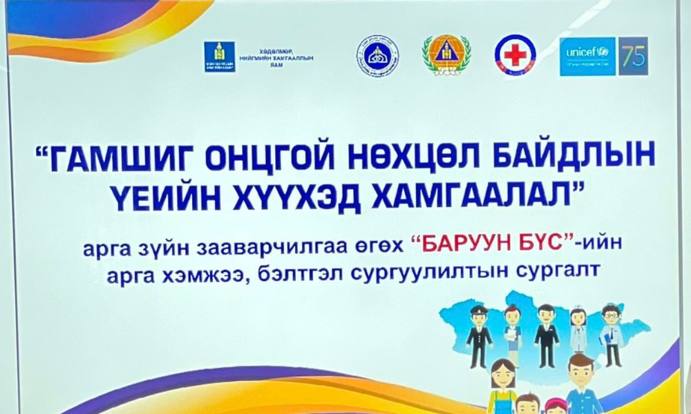 “ГАМШИГ ОНЦГОЙ НӨХЦӨЛ БАЙДЛЫН ҮЕИЙН ХҮҮХЭД ХАМГААЛАЛ”  АРГА ЗҮЙН ЗААВАРЧИЛГАА ӨГӨХ БАРУУН БОЛОН ГОВИЙН БҮСИЙН АРГА ХЭМЖЭЭ, БЭЛТГЭЛ СУРГУУЛИЛТ ЗОХИОН БАЙГУУЛЖ БАЙНА