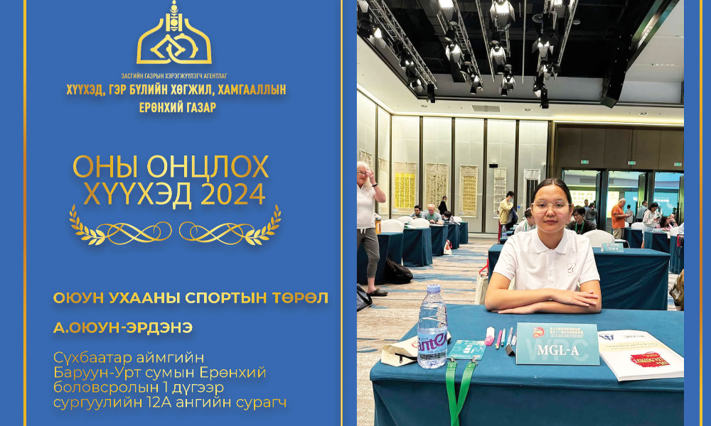 🥇🥇🥇2024 ОНД "ОЮУН УХААНЫ СПОРТЫН ТӨРЛӨӨР " ОНЫ ОНЦЛОХ ХҮҮХЭД"-ЭЭР ШАЛГАРСАН ТА БҮХЭНДЭЭ БАЯР ХҮРГЭЕ. 🎉🎉🎉
БАТЛАМЖ ГАРДУУЛАХ ЁСЛОЛ 2024.12.25-НЫ ӨДӨР БОЛНО.